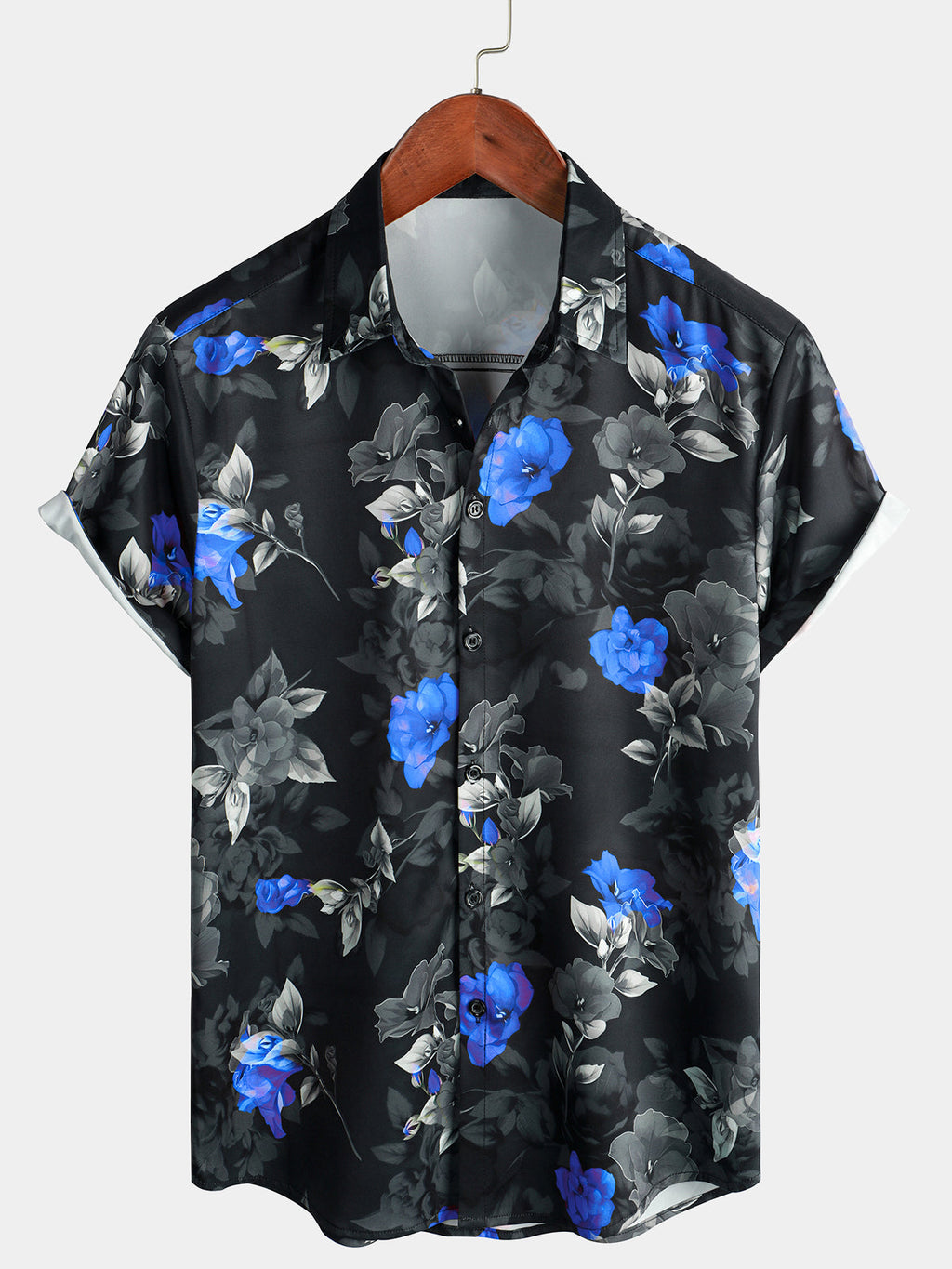 Chemise d'été décontractée pour homme bleu floral à manches courtes avec boutons pour des vacances à la plage