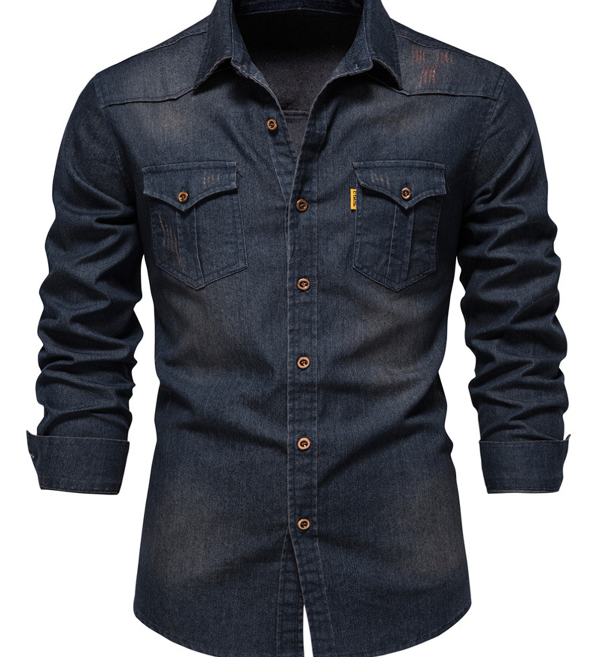Chemise à manches longues décontractée en coton vintage avec poche en denim pour hommes