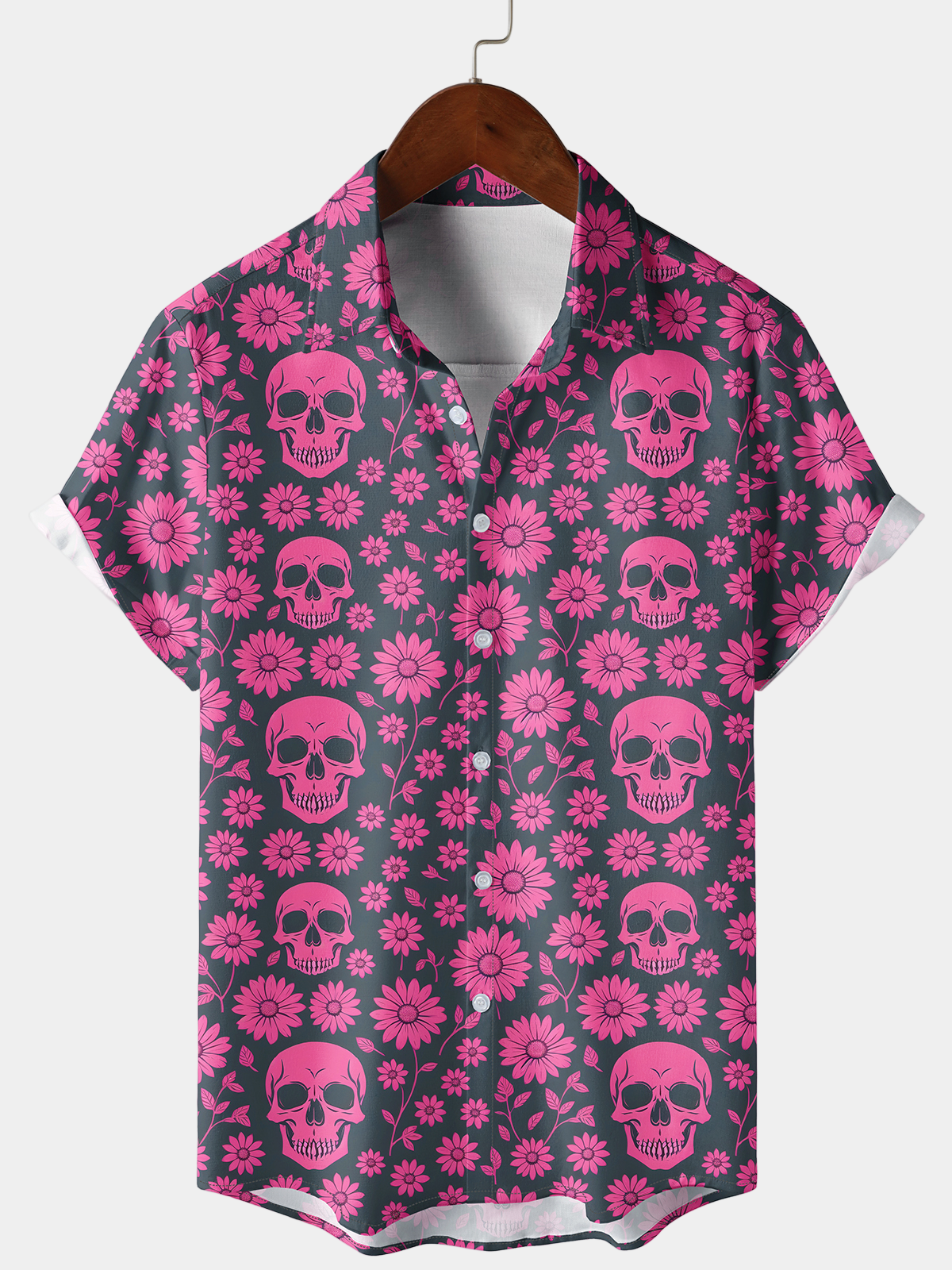 Chemise d'été pour homme avec imprimé de crâne rose et marguerites, à boutons, à manches courtes pour les vacances