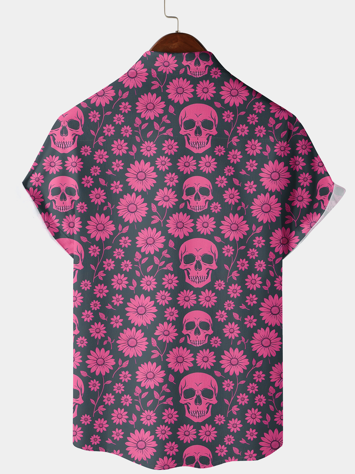 Chemise d'été pour homme avec imprimé de crâne rose et marguerites, à boutons, à manches courtes pour les vacances