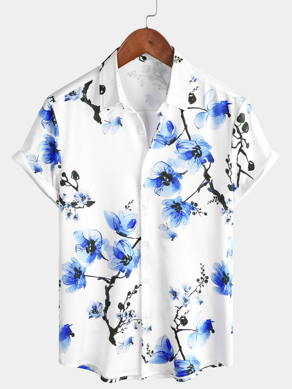 Chemise d'Été à Manches Courtes avec Imprimé Floral Bleu Décontractée pour Homme