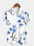 Chemise d'Été à Manches Courtes avec Imprimé Floral Bleu Décontractée pour Homme