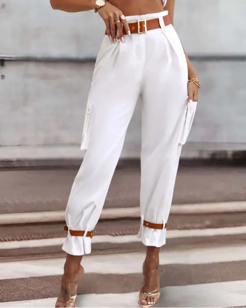 Pantalon cargo décontracté avec poche de couleur unie