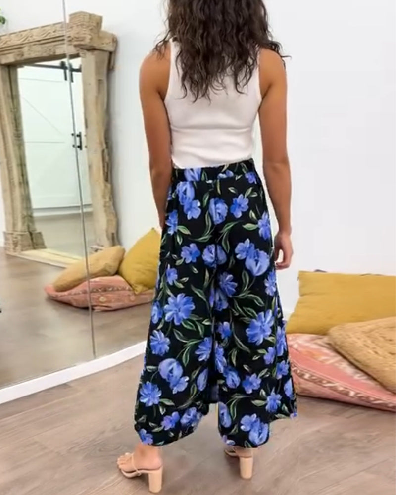 Pantalon large taille haute à imprimé floral