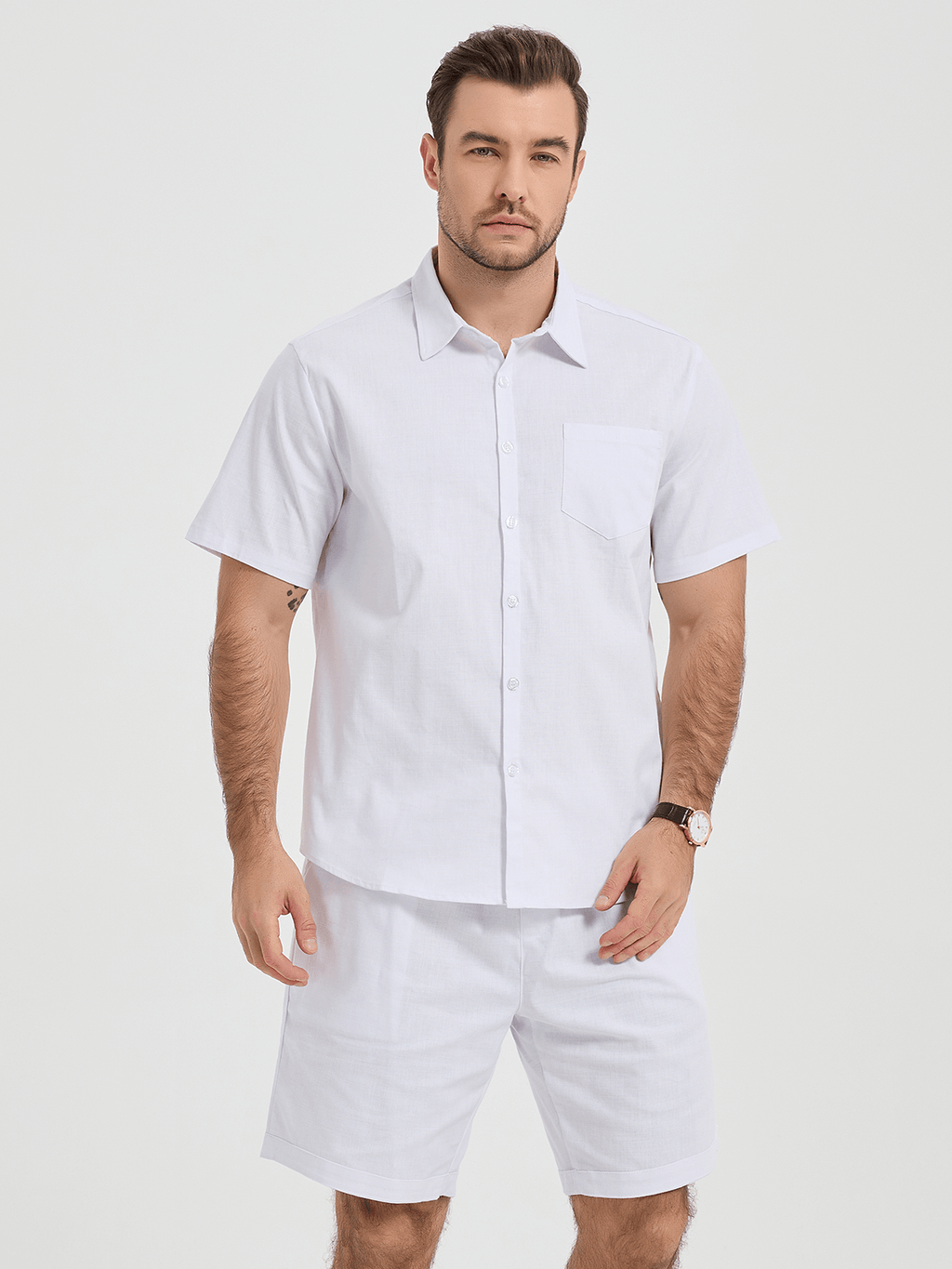Ensemble chemise et short à manches courtes et short en lin et coton pour hommes, couleur unie, bleu marine