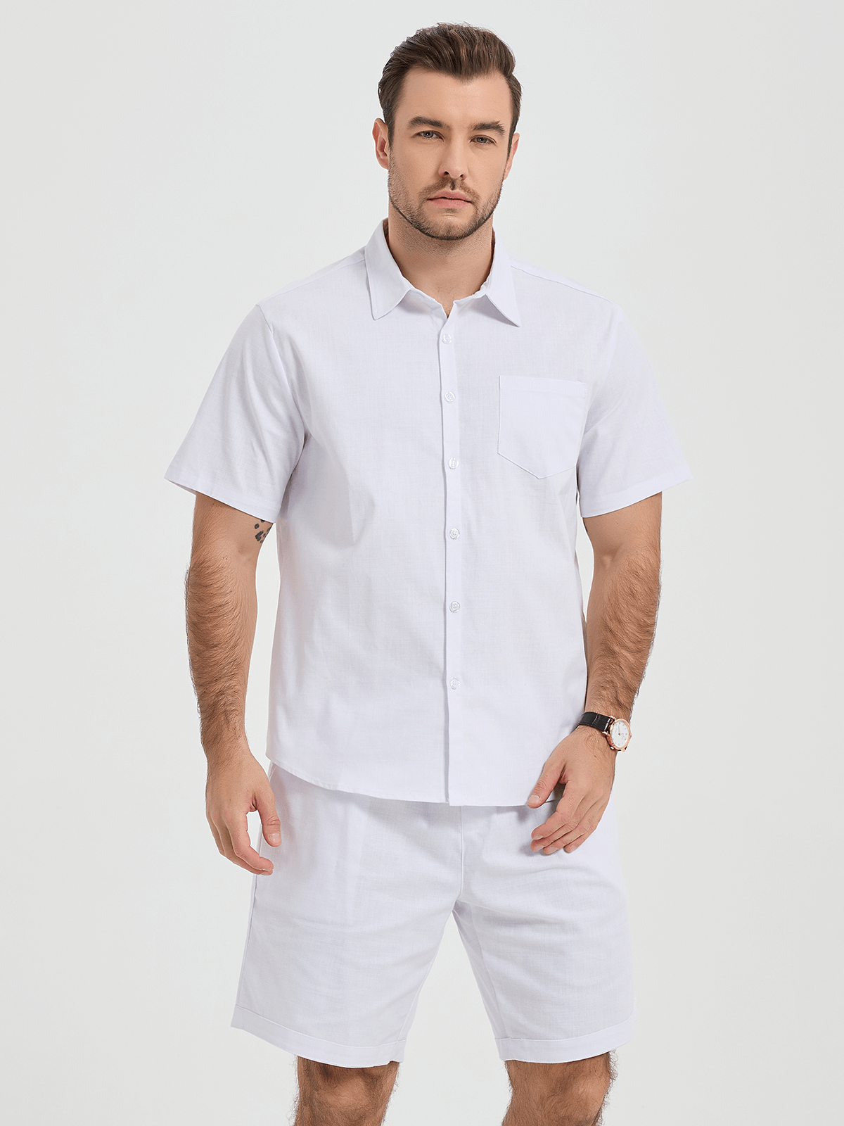 Ensemble chemise et short à manches courtes et short en lin et coton pour hommes, couleur unie, bleu marine