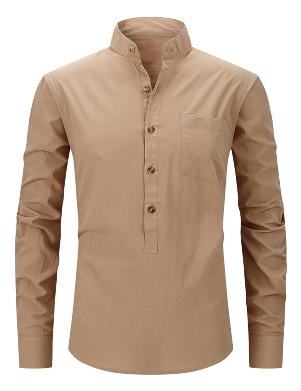 Chemise à manches longues et col Henley pour hommes, couleur unie, décontractée, en coton, avec poches