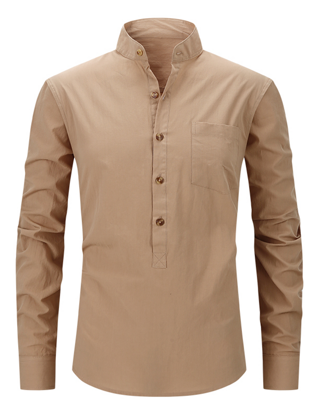 Chemise à manches longues et col Henley pour hommes, couleur unie, décontractée, en coton, avec poches