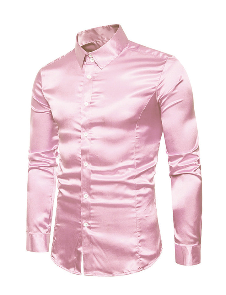 Chemise de soirée à manches longues en satin lisse boutonné pour homme