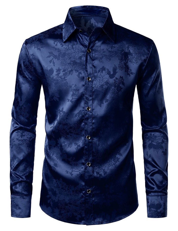 Chemise boutonnée à manches longues en satin brillant et jacquard floral bleu pour homme