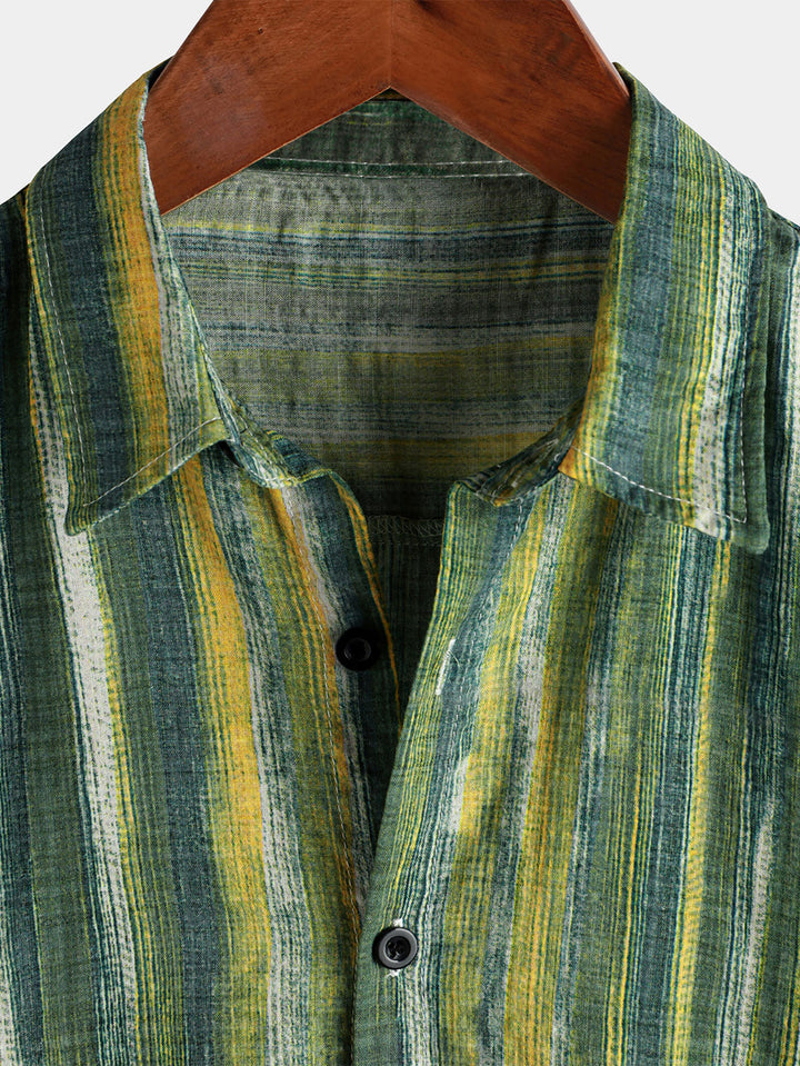 Chemise à manches courtes à rayures vertes rétro pour hommes