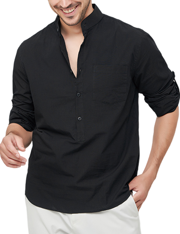 Chemise à manches longues décontractée en coton avec col Henley de couleur unie pour hommes
