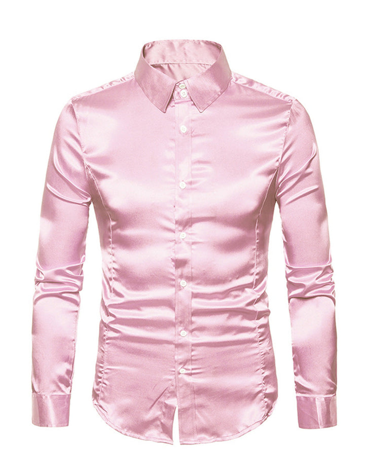 Chemise de soirée à manches longues en satin lisse boutonné pour homme