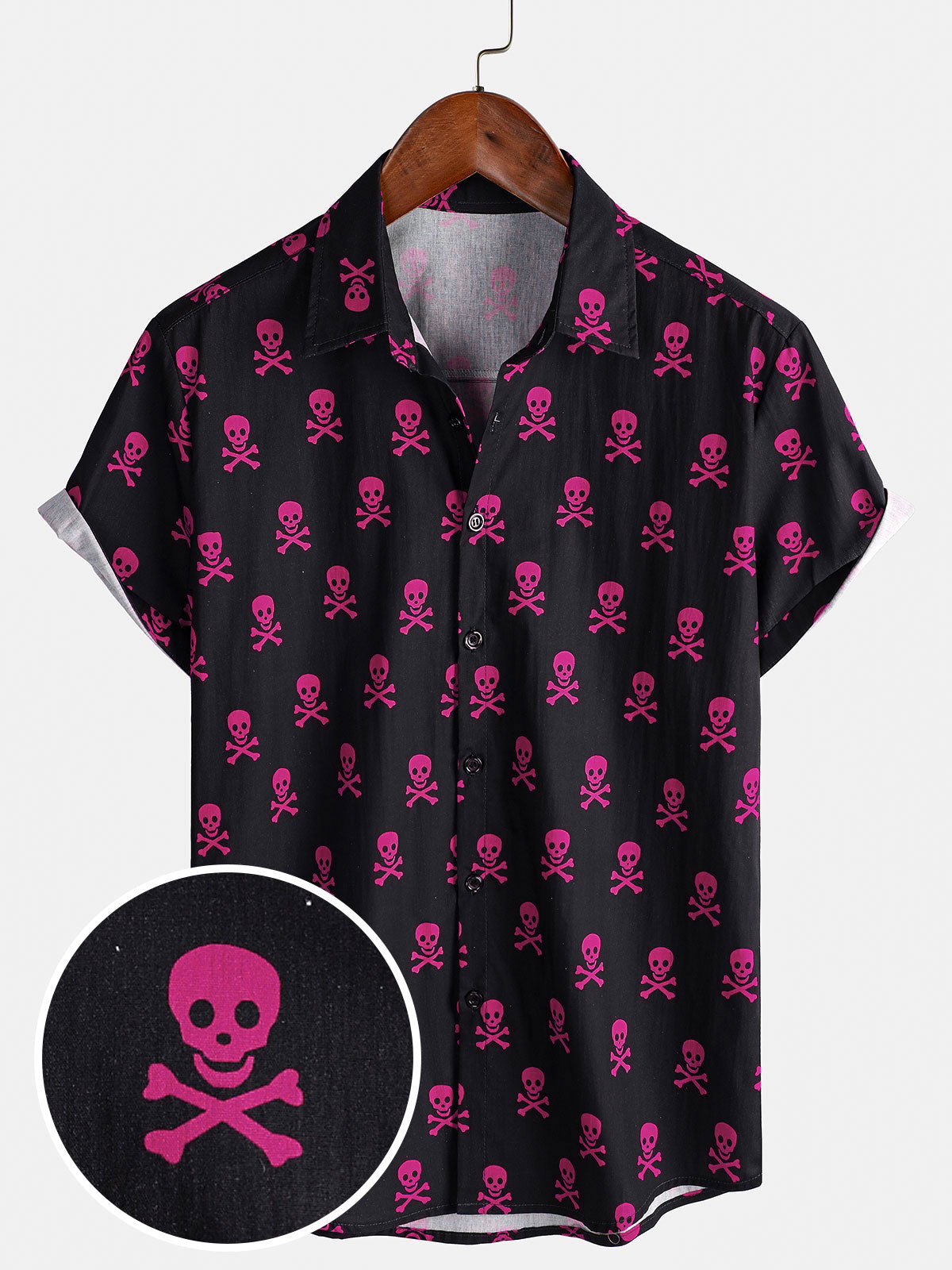 Chemise d'Été à Manches Courtes pour Homme avec Crâne Rose Punk Rock et Fraîche