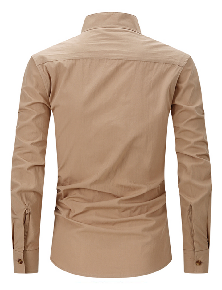Chemise à manches longues et col Henley pour hommes, couleur unie, décontractée, en coton, avec poches