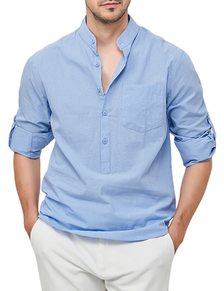 Chemise à manches longues décontractée en coton avec col Henley de couleur unie pour hommes