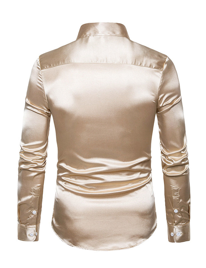 Chemise de soirée à manches longues en satin lisse boutonnée pour homme