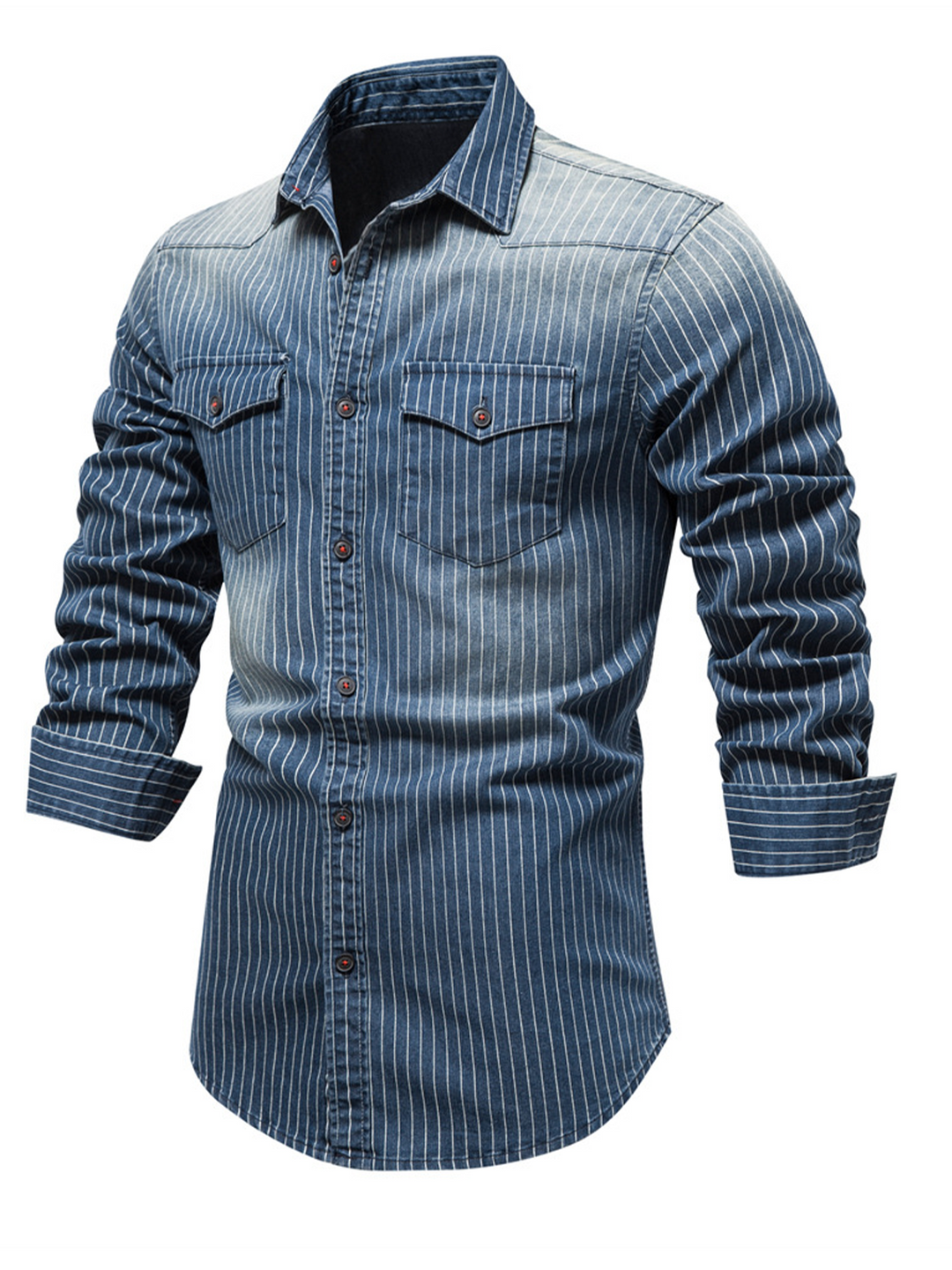 Chemise à manches longues en coton vintage avec poche à rayures en denim pour hommes