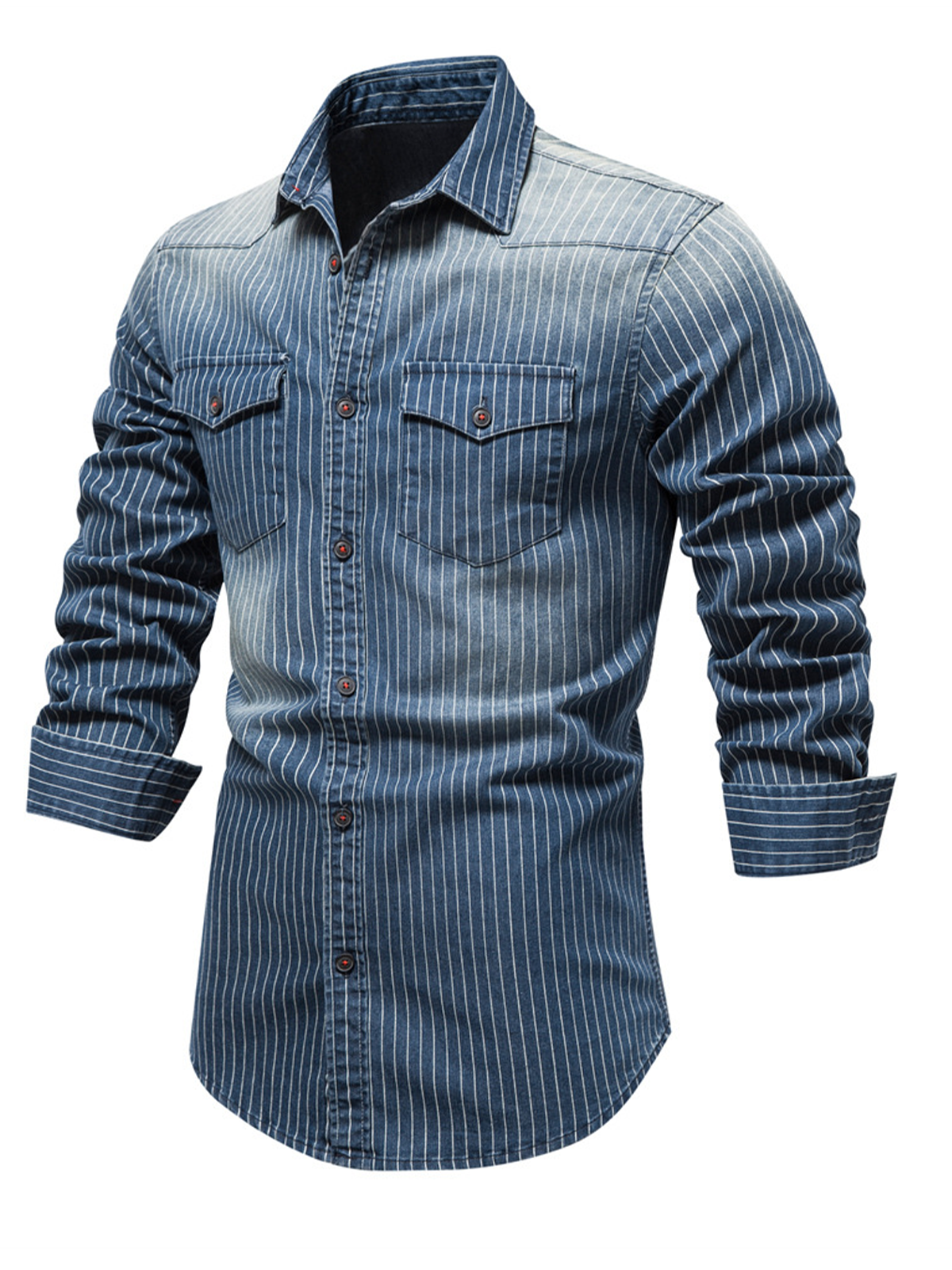Chemise à manches longues en coton vintage avec poche à rayures en denim pour hommes