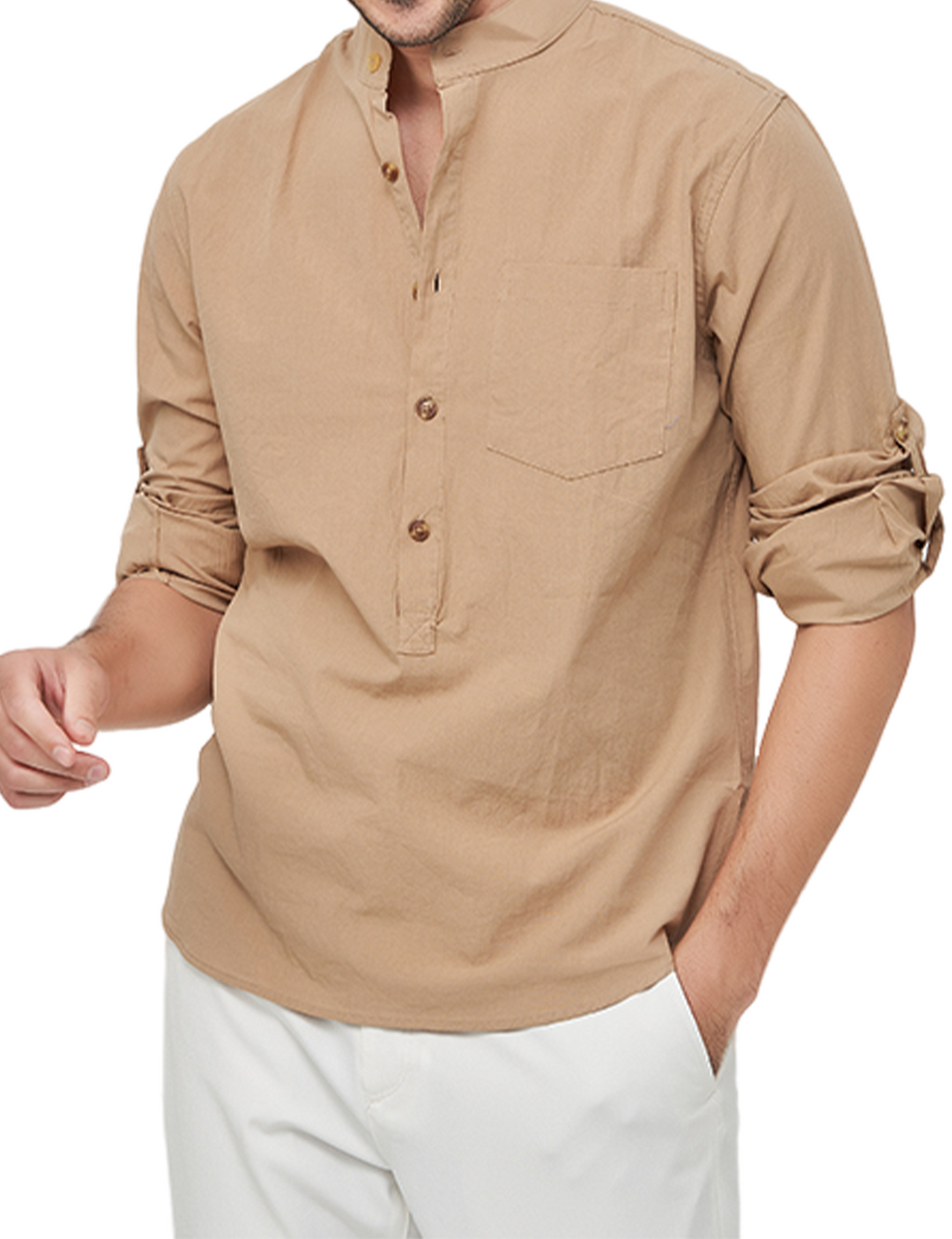 Chemise à manches longues et col Henley pour hommes, couleur unie, décontractée, en coton, avec poches