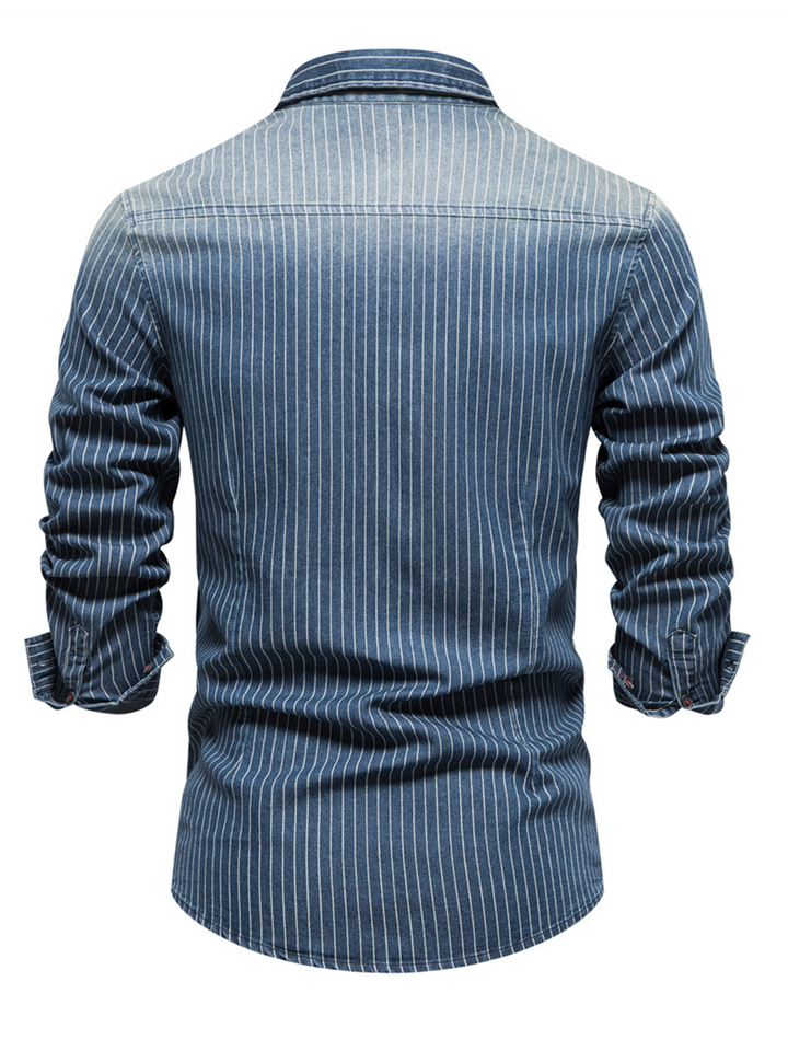 Chemise à manches longues en coton vintage avec poche à rayures en denim pour hommes