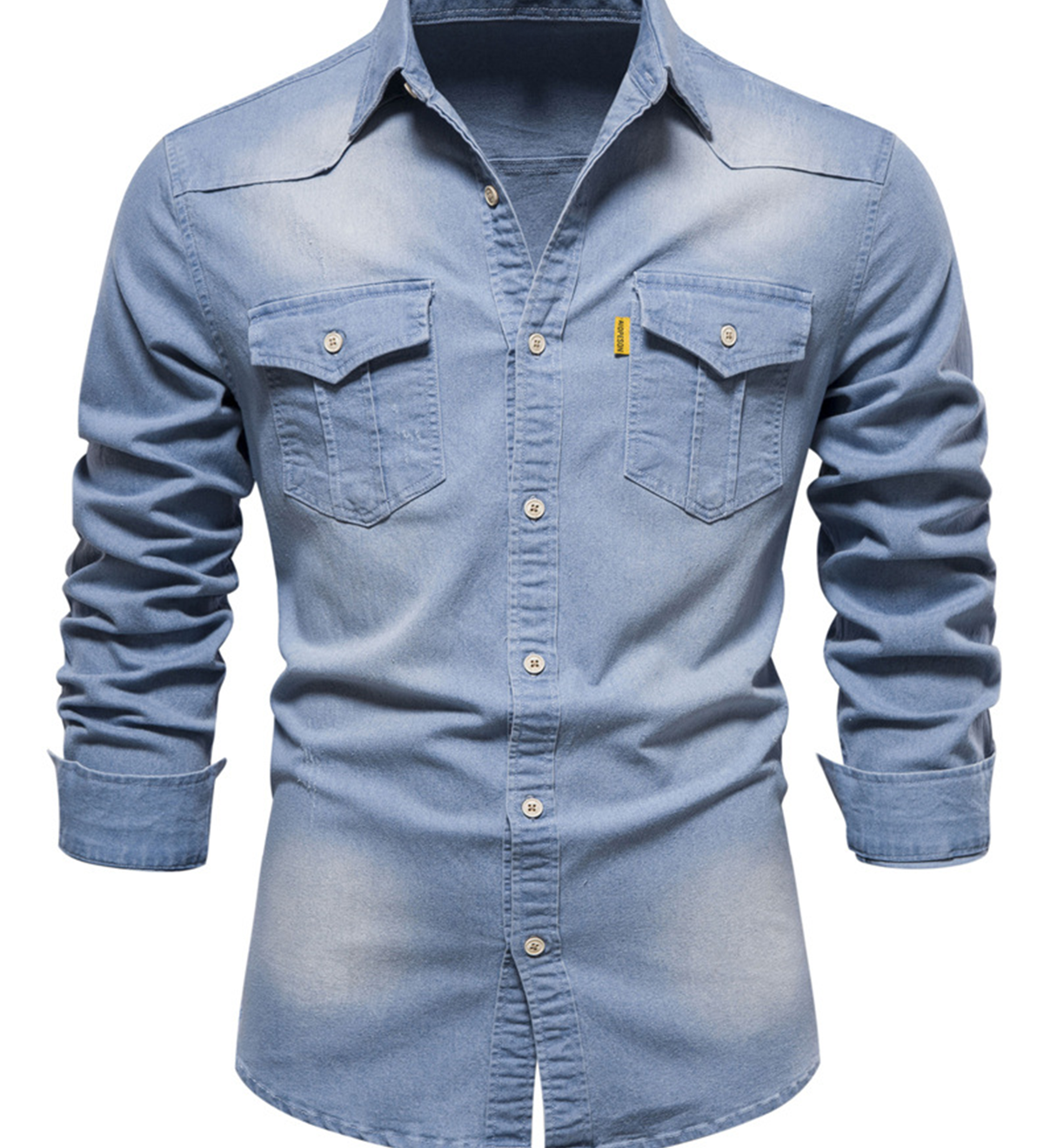 Chemise à manches longues décontractée en coton vintage avec poche en denim pour hommes