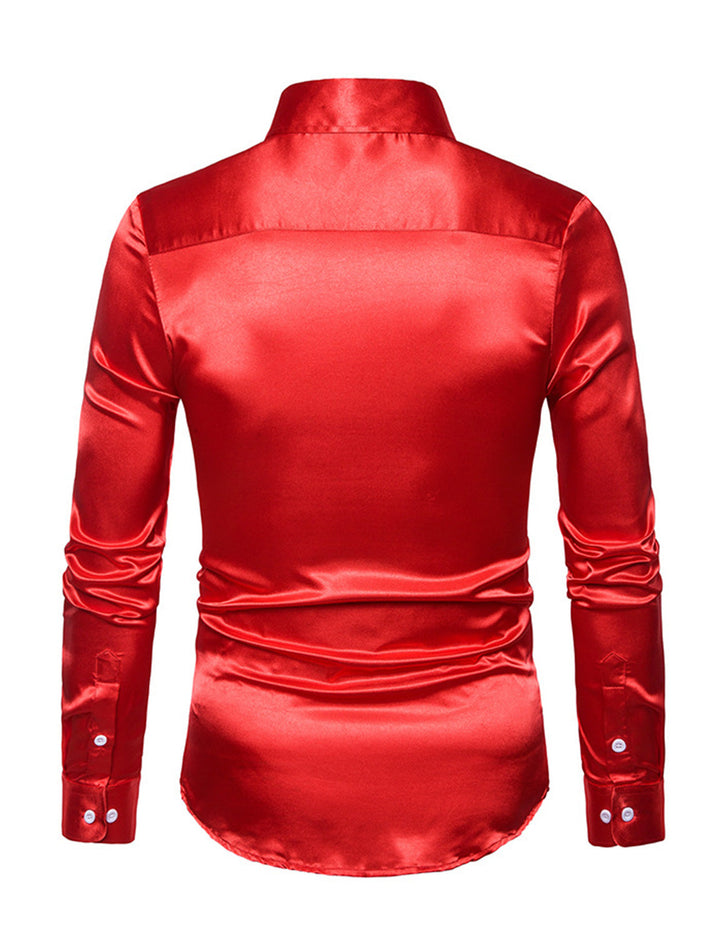 Chemise de soirée à manches longues en satin lisse boutonné pour homme