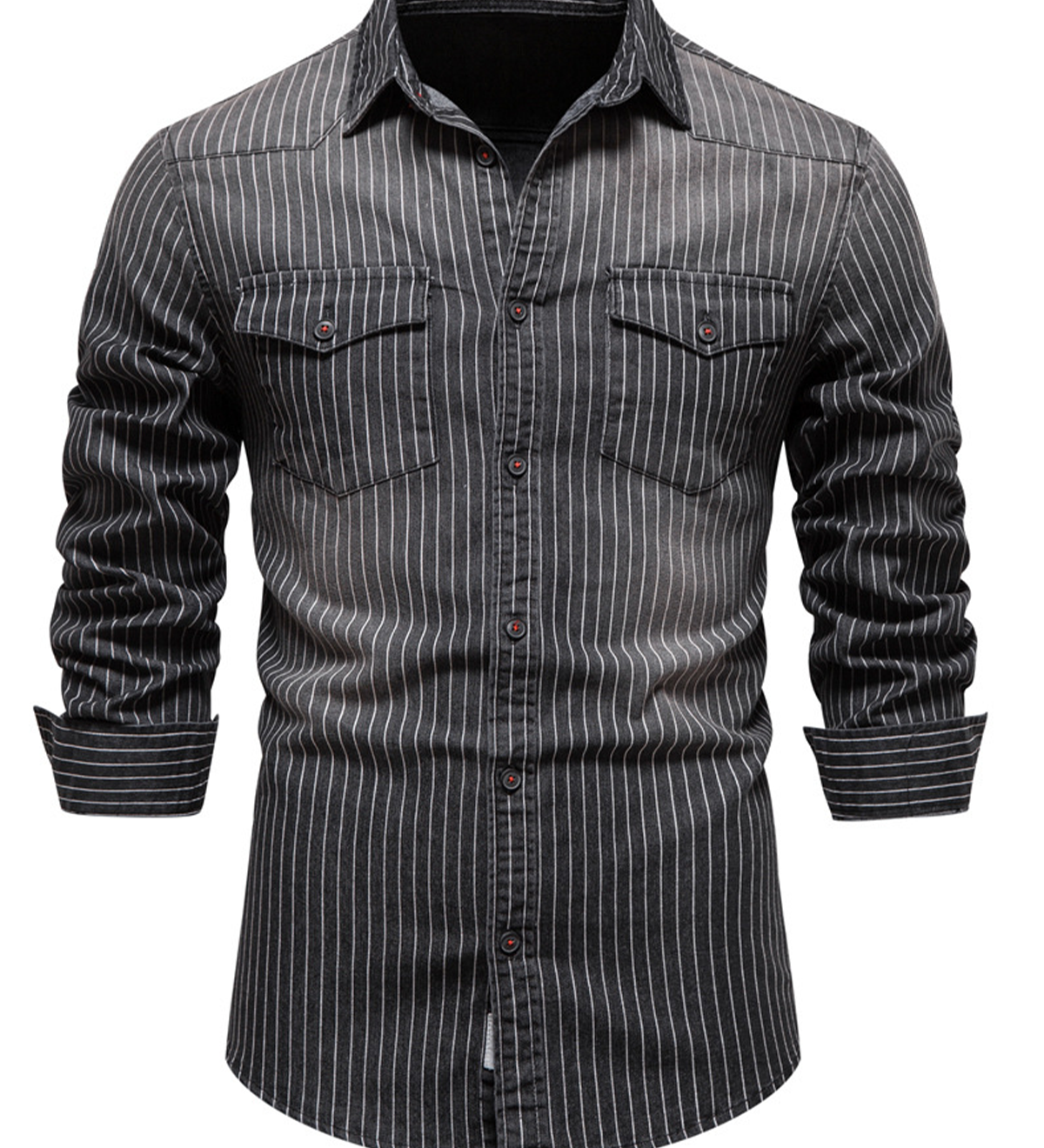 Chemise à manches longues en coton vintage avec poche à rayures en denim pour hommes
