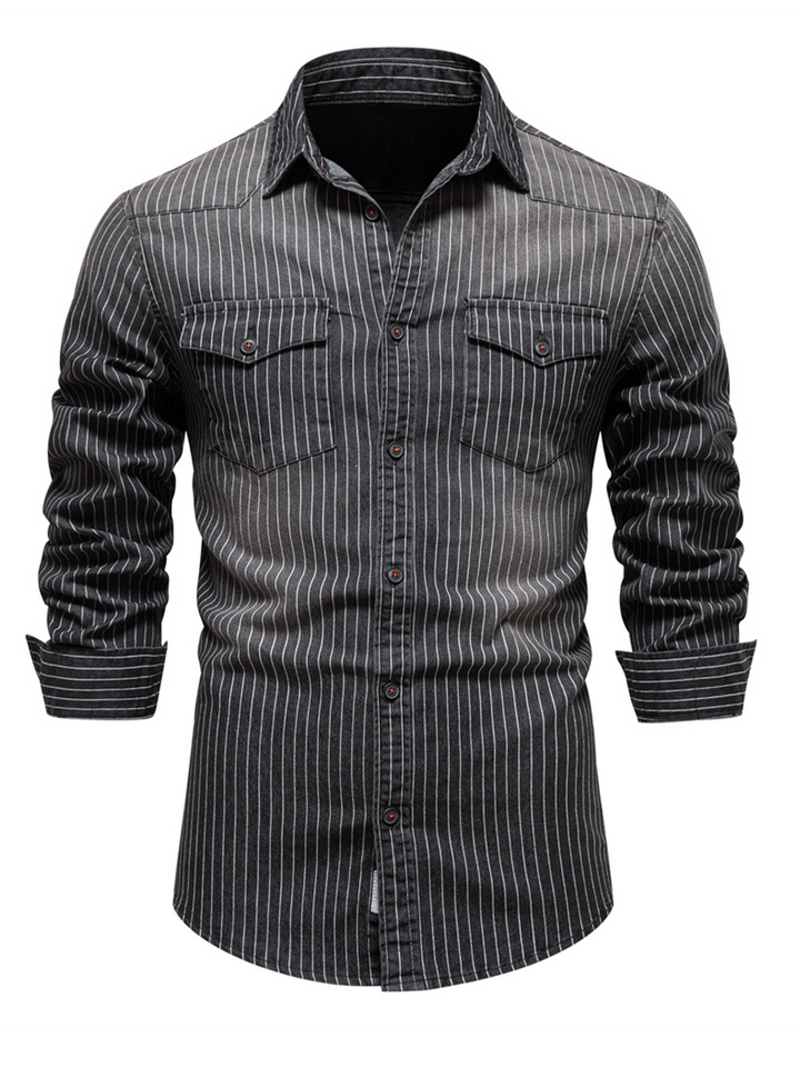 Chemise à manches longues en coton vintage avec poche à rayures en denim pour hommes