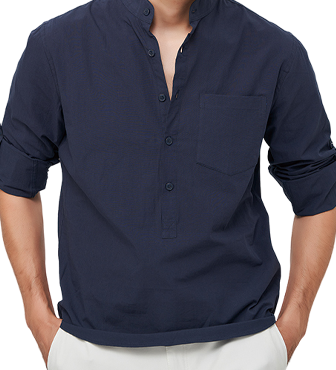 Chemise à manches longues et col Henley pour hommes, couleur unie, décontractée, en coton, avec poches