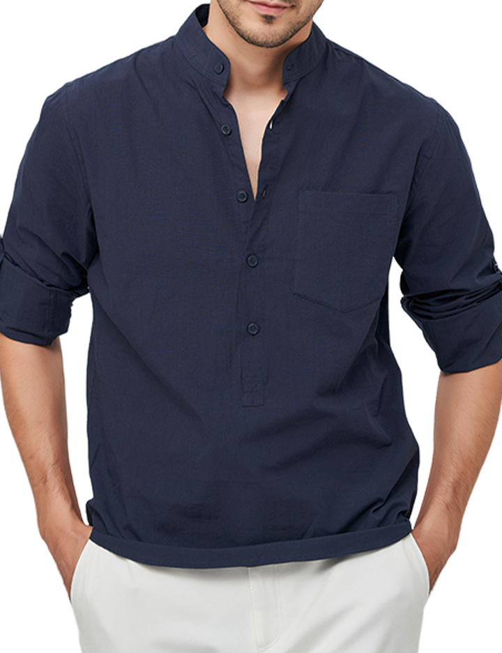 Chemise à manches longues et col Henley pour hommes, couleur unie, décontractée, en coton, avec poches