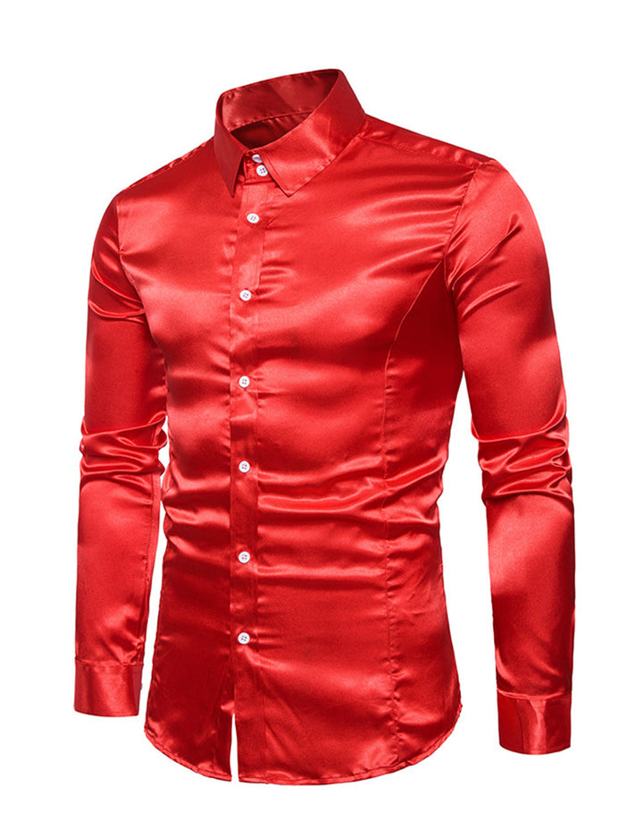 Chemise de soirée à manches longues en satin lisse boutonné pour homme