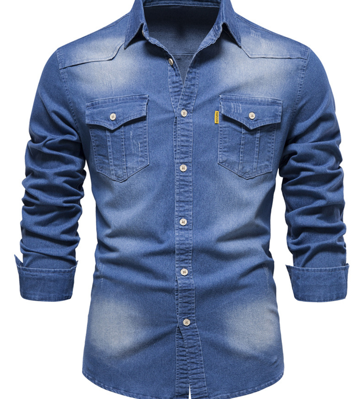 Chemise à manches longues décontractée en coton vintage avec poche en denim pour hommes
