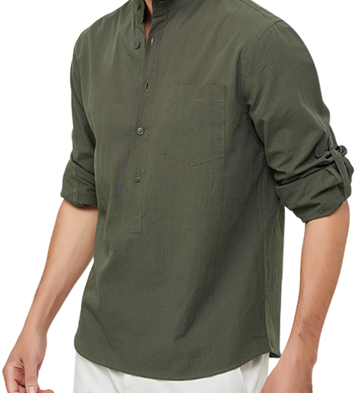 Chemise à manches longues et col Henley pour hommes, couleur unie, décontractée, en coton, avec poches