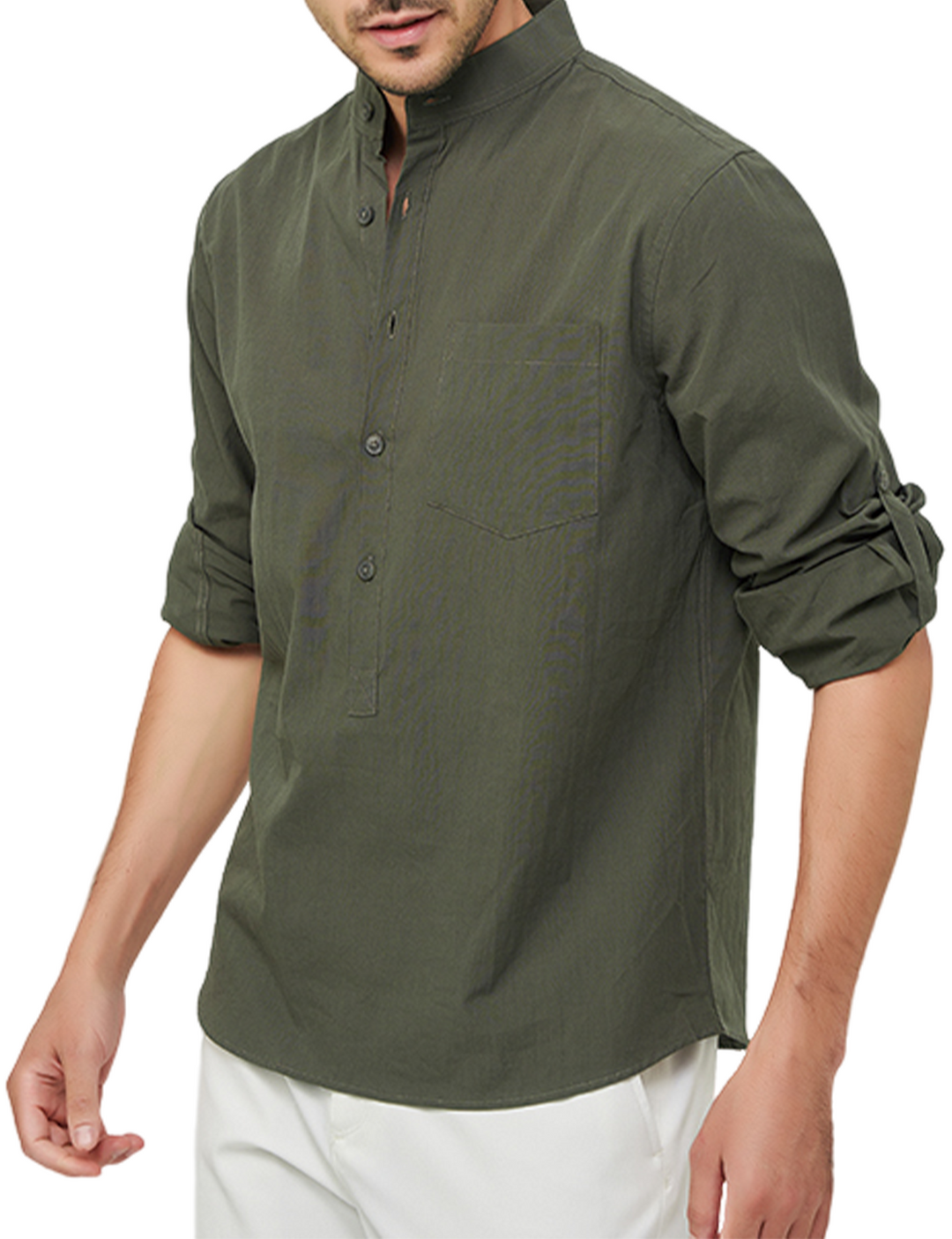 Chemise à manches longues et col Henley pour hommes, couleur unie, décontractée, en coton, avec poches