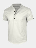 Chemise Homme Henley en Coton et Lin à Col Mao Manches Courtes