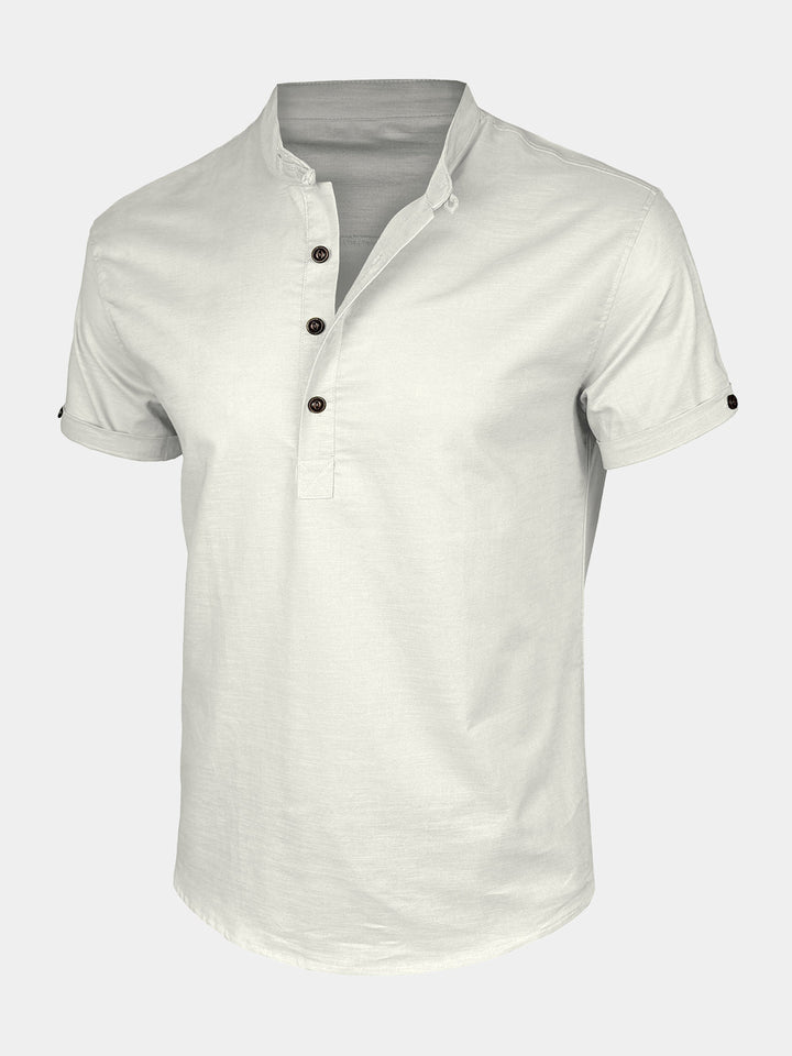 Chemise Homme Henley en Coton et Lin à Col Mao Manches Courtes