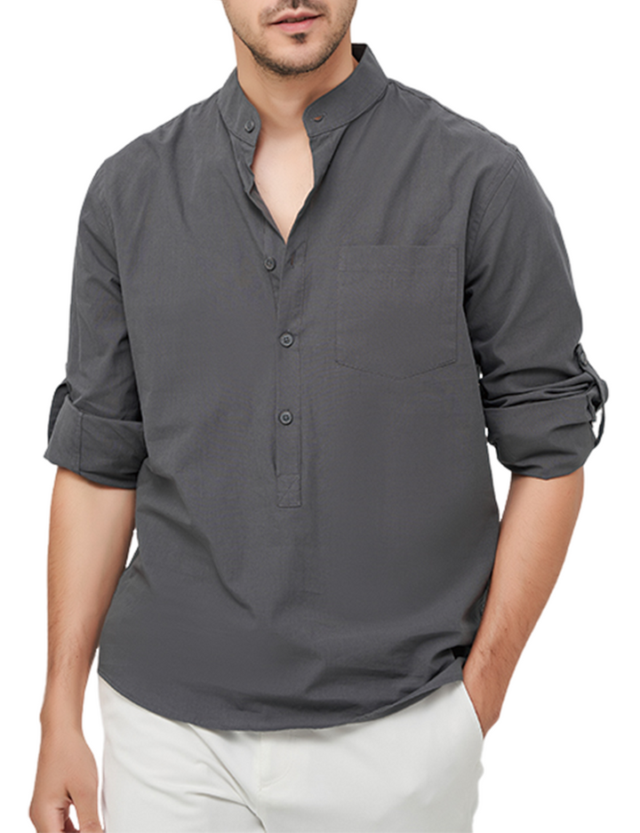 Chemise à manches longues et col Henley pour hommes, couleur unie, décontractée, en coton, avec poches