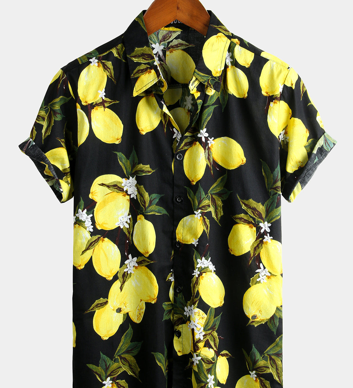 Men's Yellow Tropical Lemon Print Short Sleeve Hawaiian Shirt