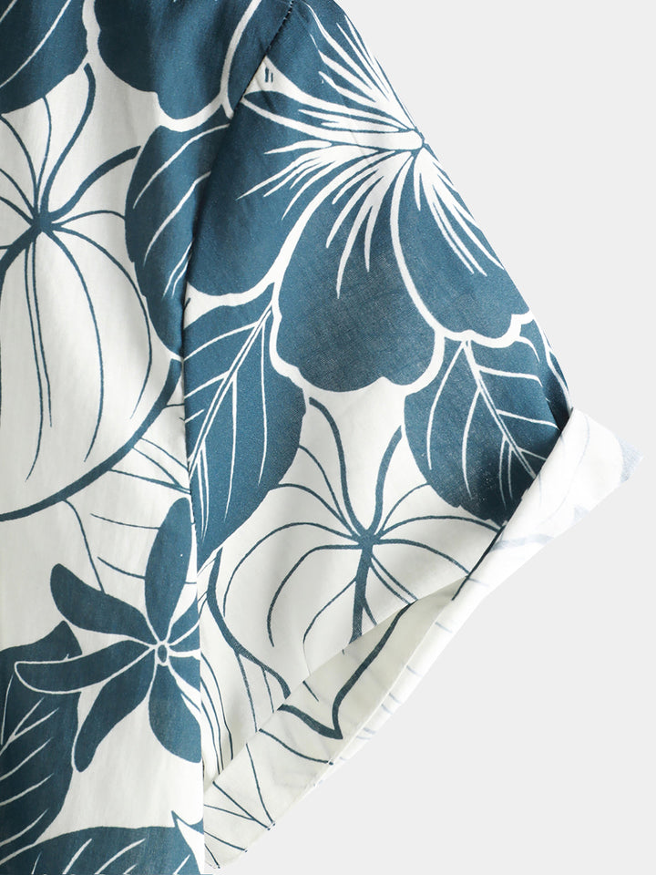 Chemise de plage à boutons à manches courtes et motif floral hawaïen 100 % coton pour homme