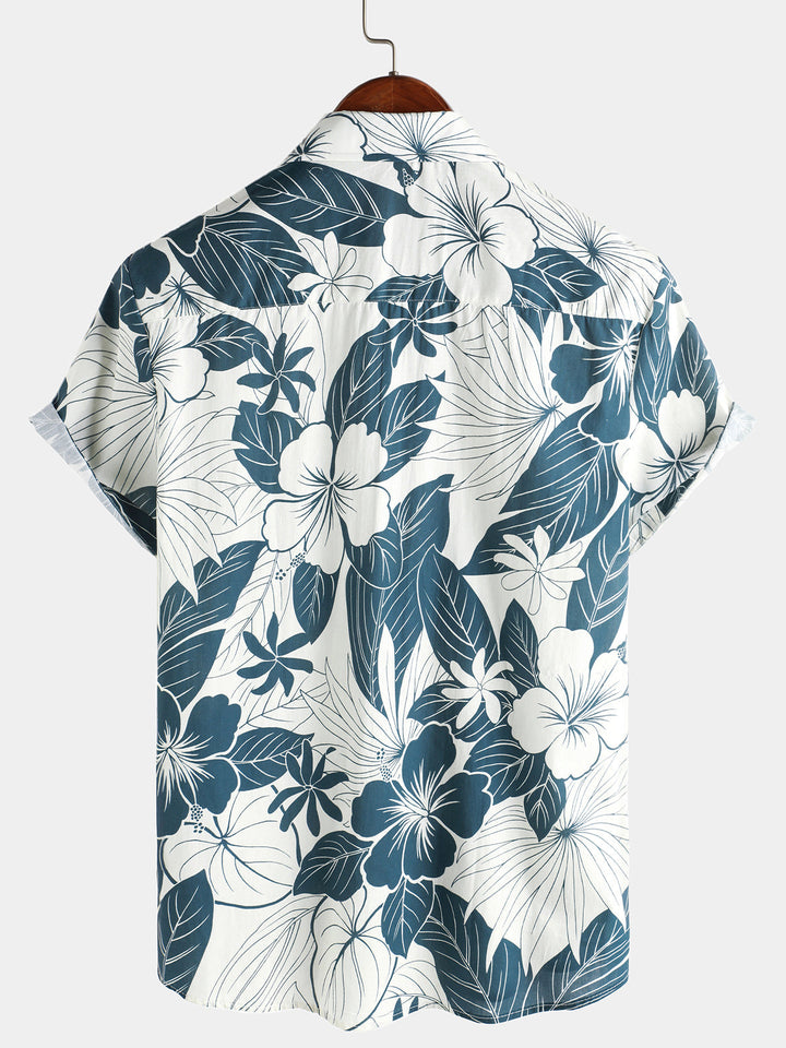 Chemise de plage à boutons à manches courtes et motif floral hawaïen 100 % coton pour homme