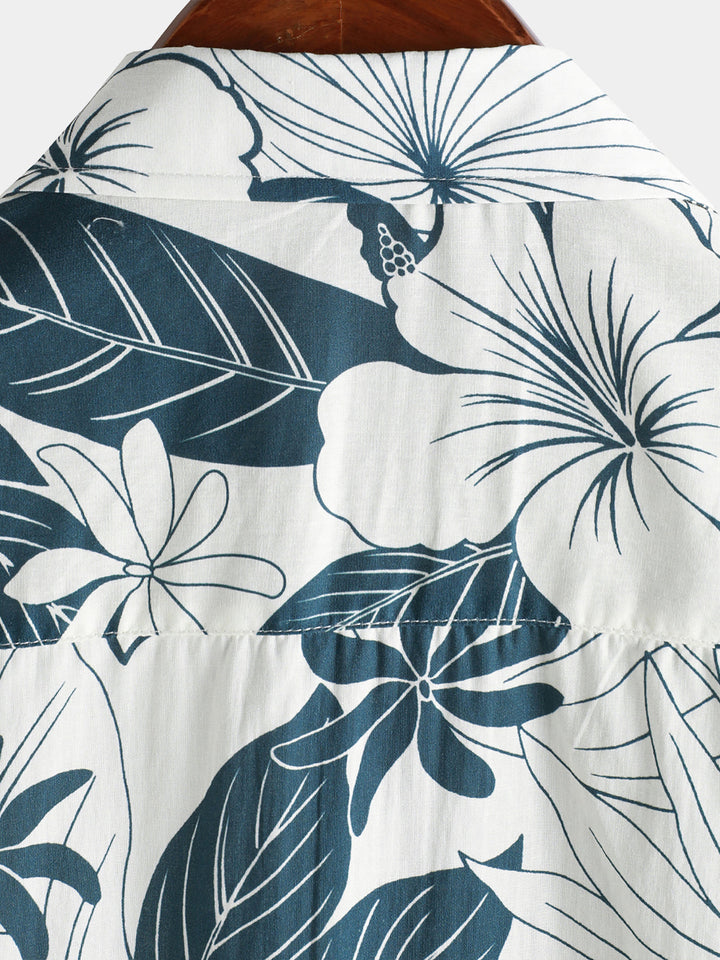 Chemise de plage à boutons à manches courtes et motif floral hawaïen 100 % coton pour homme