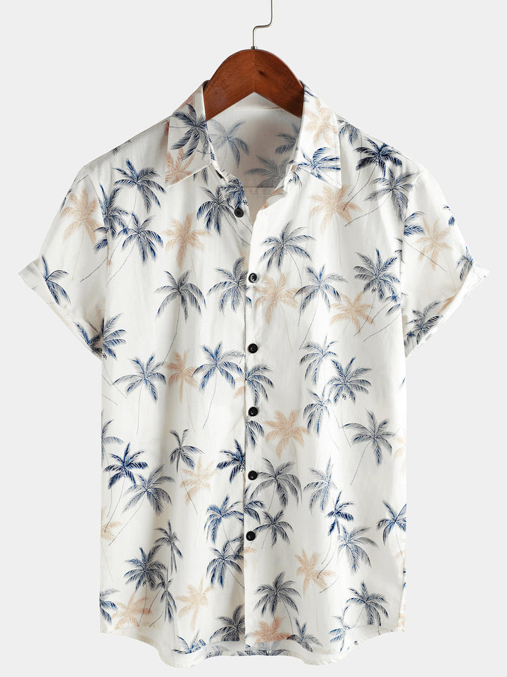 Chemises de plage à boutons à manches courtes pour hommes 100 % coton à motif palmier hawaïen