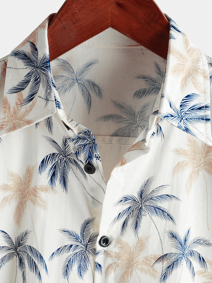 Chemises de plage à boutons à manches courtes pour hommes 100 % coton à motif palmier hawaïen