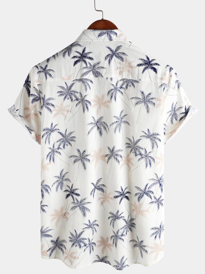 Chemises de plage à boutons à manches courtes pour hommes 100 % coton à motif palmier hawaïen