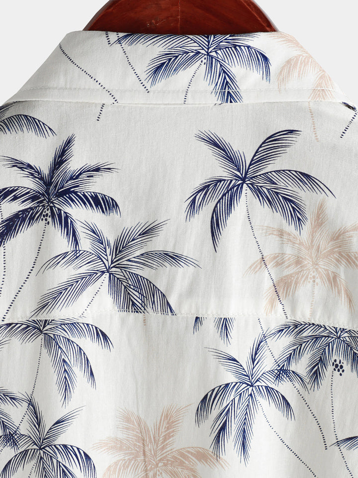 Chemises de plage à boutons à manches courtes pour hommes 100 % coton à motif palmier hawaïen