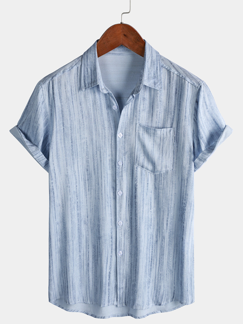 Chemise Homme Bleu Clair à Rayures Respirante Décontractée d’Été Manches Courtes