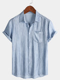 Chemise Homme Bleu Clair à Rayures Respirante Décontractée d’Été Manches Courtes