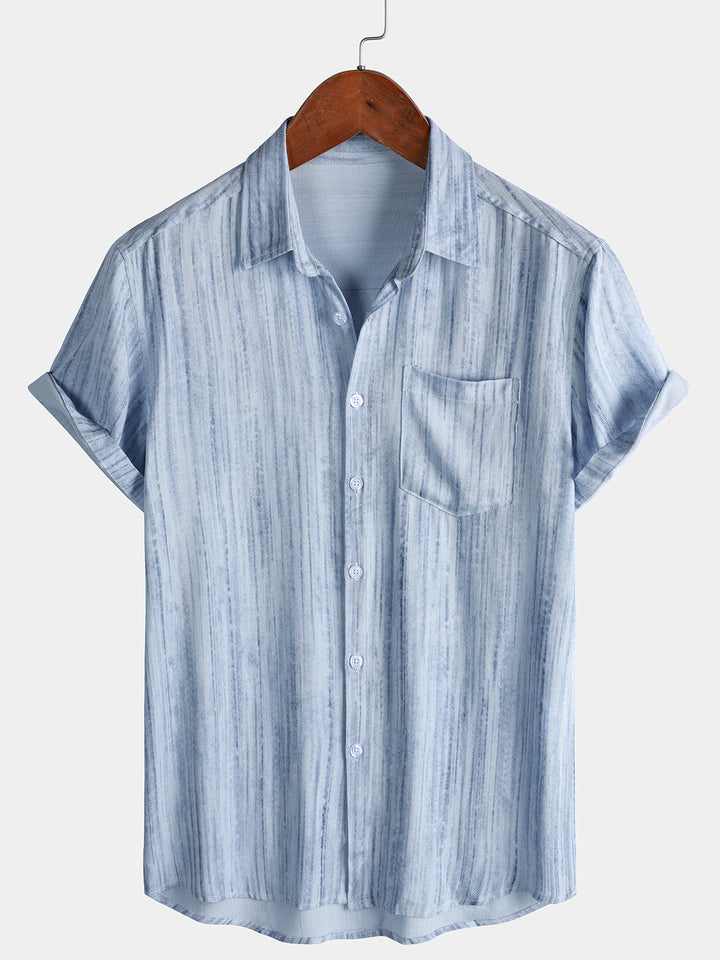 Chemise Homme Bleu Clair à Rayures Respirante Décontractée d’Été Manches Courtes
