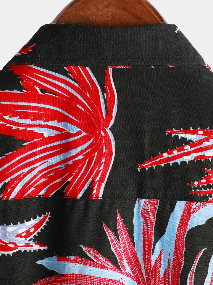 Chemise hawaïenne à manches courtes à imprimé de plantes tropicales pour hommes